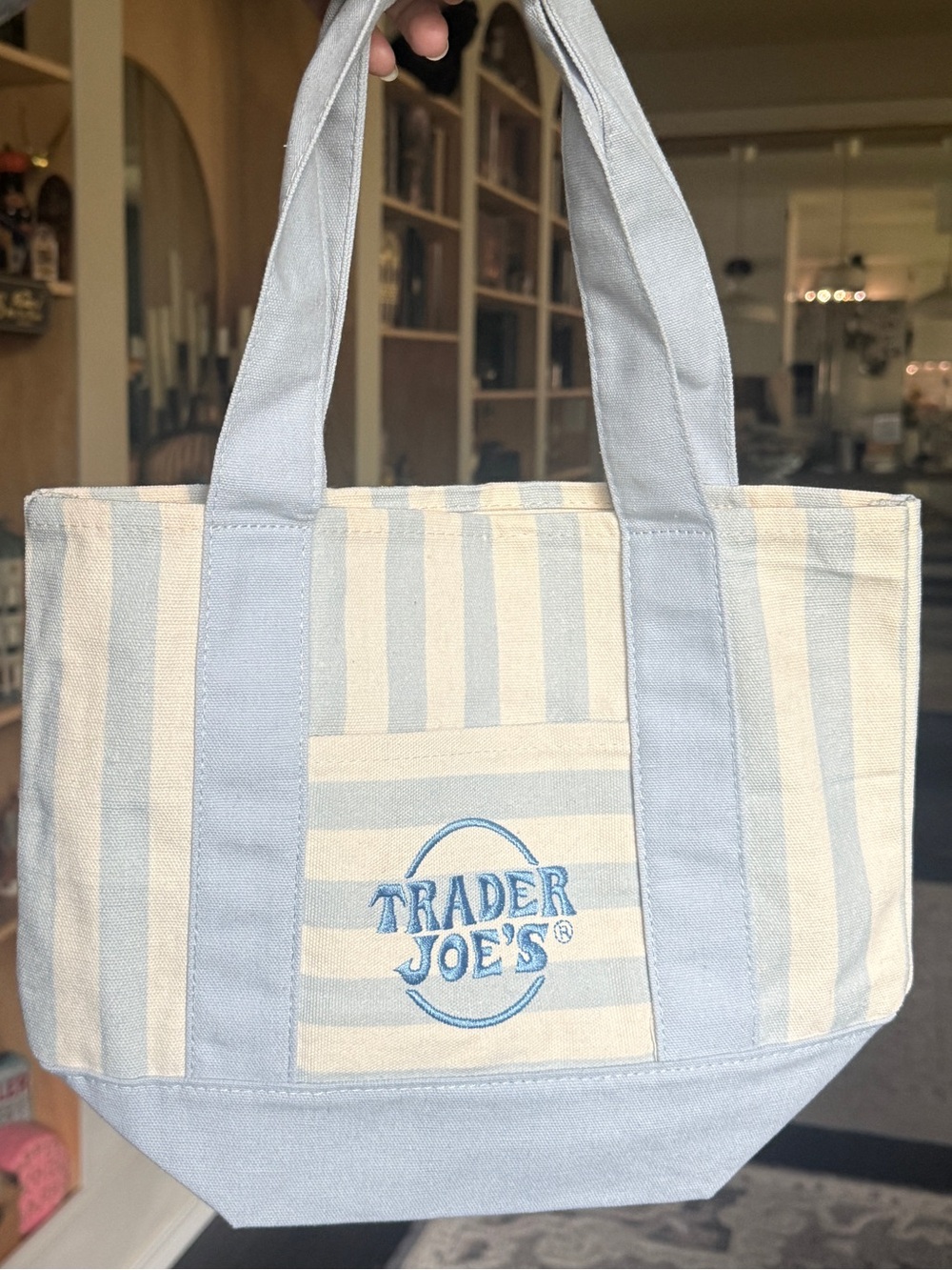 NWT Trader Joe's Striped Canvas Tote in blue and Cream